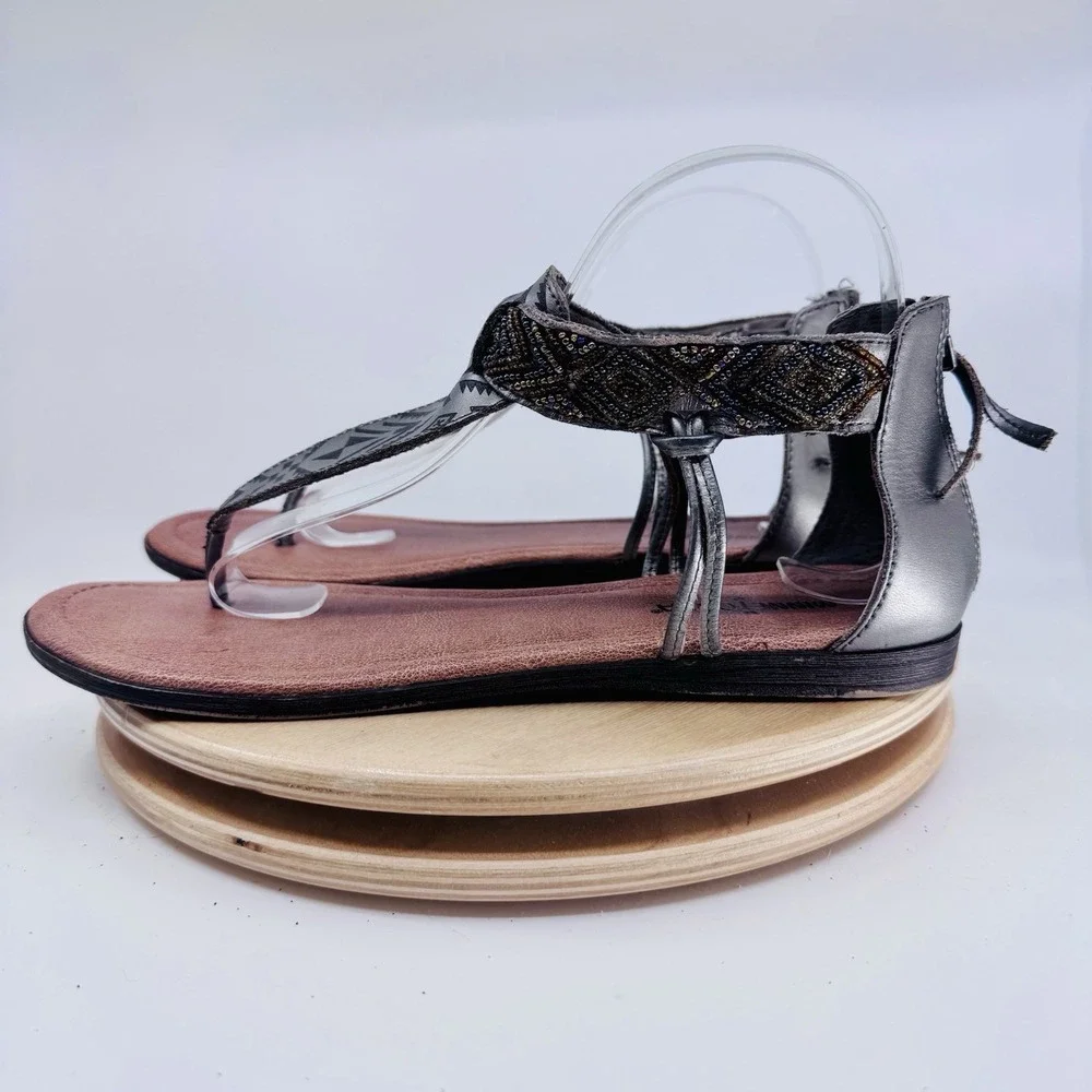 Minnetonka Antigua Sandals Womens 9 Gray Leather Beaded Ankle Strap Shoes